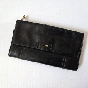 Fossil Wallet Black Leather Ellis Bifold Clutch Organizer